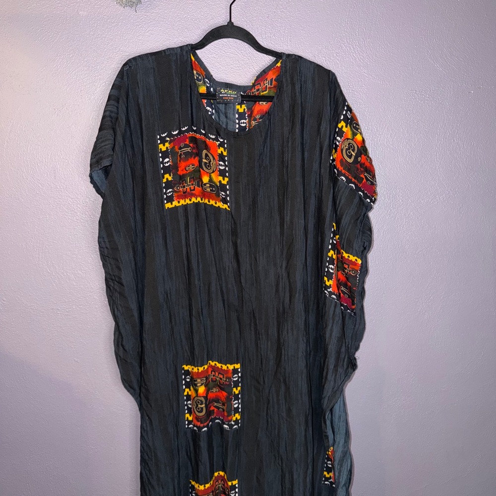 Afro by Belma Rayon Caftan Dress Black Tribal Patchwork Beaded Fringe One Size